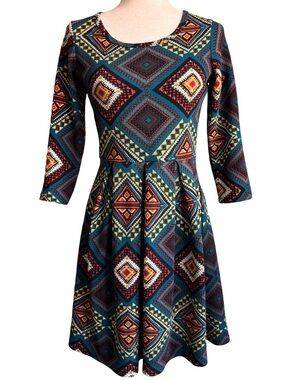 Y2K Pretty Young Thing Teal Southwest Aztec Print Fit & Flare Mini Dress Small